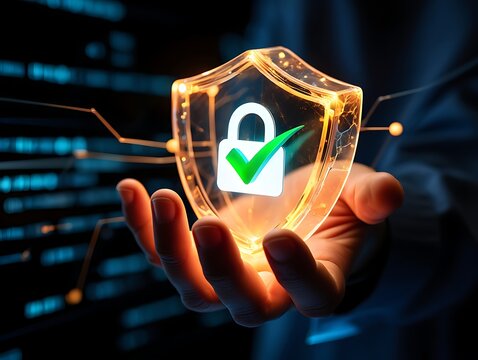 Glowing digital shield with padlock and checkmark held in a human hand representing cybersecurity and data protection