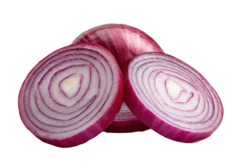 Close-up of three sliced red onions.  Layers of deep crimson rings.  Creamy inner core visible.  Isolated on black