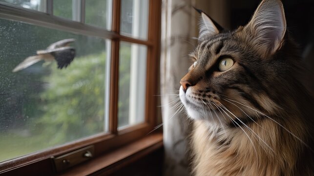 A majestic Maine Coon cat gazes out the window at a bird in the garden.