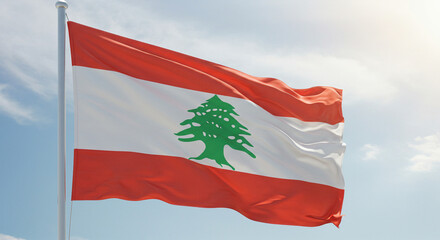 The Lebanese flag fluttering gently in the morning breeze, centered against a soft, cloudless sky.