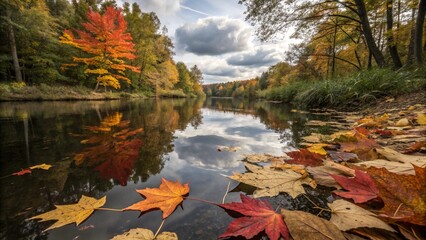 Autumn Leaves Floating on Calm Forest Stream