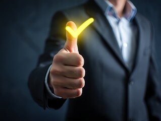 Businessperson giving a glowing thumbs up gesture indicating success and positive feedback