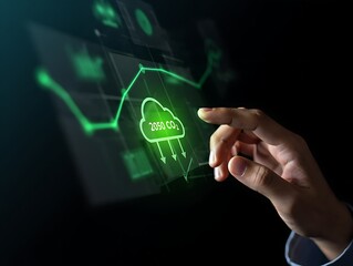 Hand interacting with a glowing green digital interface displaying a rocket ship icon and financial growth chart