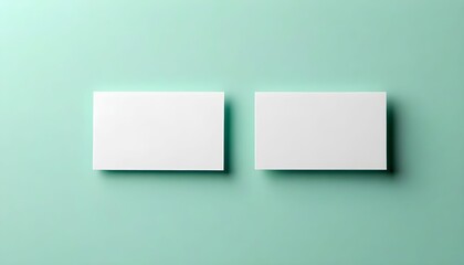 Two blank white business cards displayed against a pale teal background.