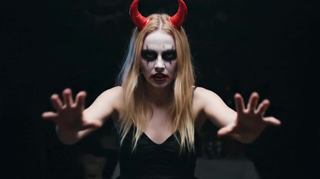 Blonde woman with devil horns white face makeup and dark eyes standing in a dark setting