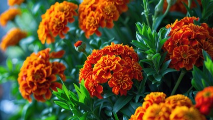 Bright orange marigold flowers with green leaves in a garden setting.