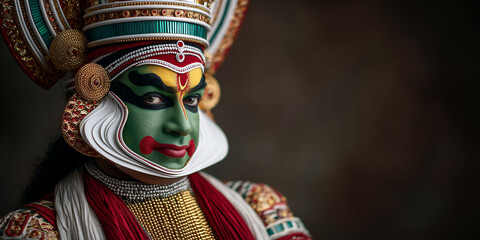 Kathakali: A close-up of a Kathakali performer in full costume and makeup, shy expression 