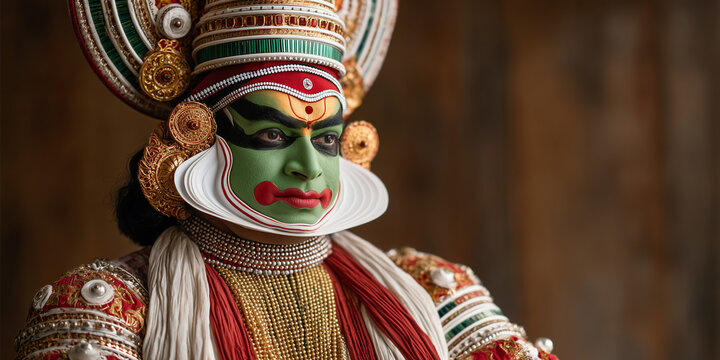 Kathakali Dancer in Traditional Attire: Captivating portrait of a Kathakali dancer, expression less face, neutral expression 