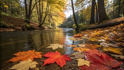 Autumn Leaves Floating on Calm Forest 