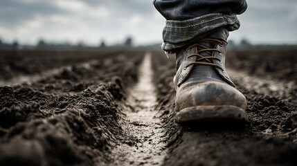 A close-up of a worker's boots, clean but sturdy, standing in a furrow of dark, rich soil. 