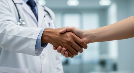 Doctor and patient shaking hands in a modern medical clinic symbolizing trust and successful treatment and care