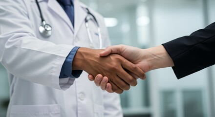 Doctor in white lab coat and stethoscope shakes hands with a business person in a suit symbolizing trust and partnership