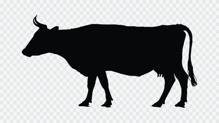 Silhouette of a cow with a pink butterfly flying nearby, isolated on white background