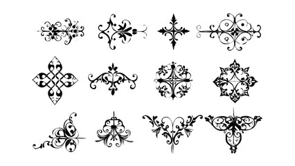 An elegant collection of ornate black and white corner deco elements, including vintage flourishes, filigree dividers, and calligraphic borders.