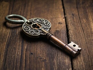 An Ancient key on a wooden table