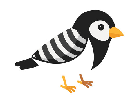 A charming cartoon jailbird with ornate black and white decorative stripes, a whimsical animal illustration isolated on a white background.