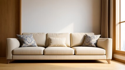 Modern sofa with neutral-toned decorative pillows in a cozy living room corner.