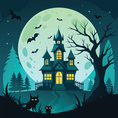 Spooky haunted house with full moon and bats on Halloween night vector