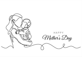 Happy Mother day card. Continuous one line drawing. Woman hold her baby. Hand drawn one line vector. Editable stroke 	