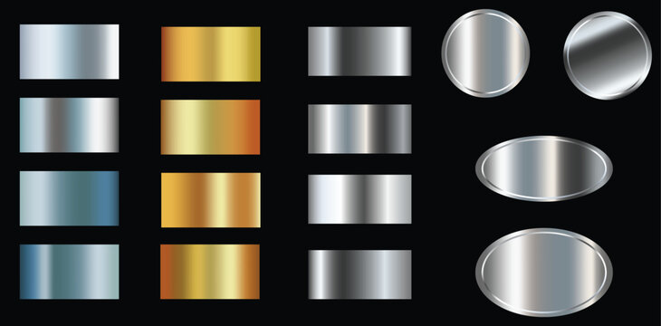 Vector illustration of a set of metal buttons. Set of metal banners. Set of Silver foil texture background. Realistic silver, gradient mesh. Only commercial use. 