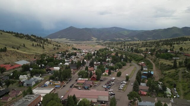 Aerial of homes and neighborhoods in Creede Colorado on stormy summer day