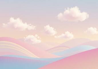 Dreamy pastel landscape with rolling hills and fluffy clouds in a soft ethereal light scenery view