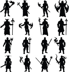 Fantasy Warrior and Barbarian Silhouette Vector Set. A comprehensive collection of medieval knight and monster character designs for game development, logos, and adventure concepts.