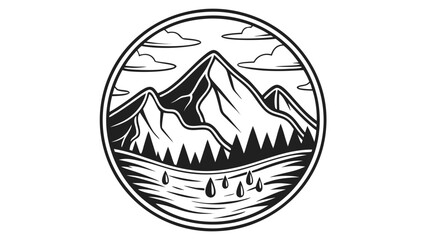 Obraz premium Clean vector illustration of a majestic mountain range, serene forest, and calm lake within a clean oval frame; minimalist black and white style.