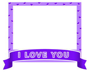 Purple polaroid frame for photo & text with heart and I Love you text. Card. Vector illustration on transparent background. Cute frame, card, banner, border, ribbon for photo, text, etc.