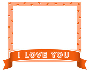 Orange polaroid frame for photo & text with hearts. Photo frame with space for text. Card. Vector illustration on transparent background. Cute frame, card, banner, border, ribbon for photo, text, etc.