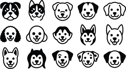 Collection of diverse dog faces in a simple outline style