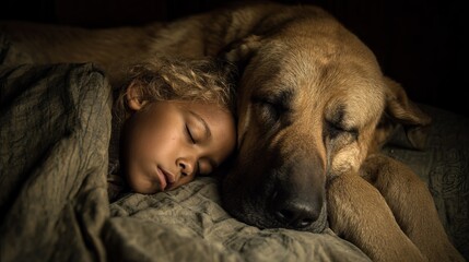 A peaceful child and dog sleeping together, evoking warmth and companionship.