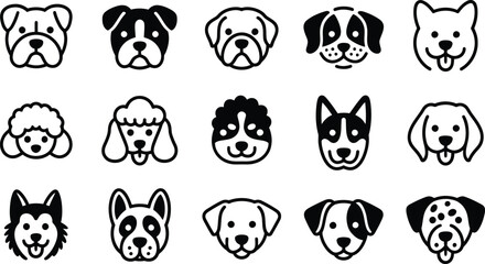 Collection of diverse dog breed faces in a simple line art style