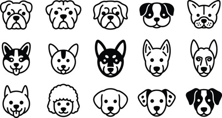 Collection of diverse dog breed faces in a clean line art style