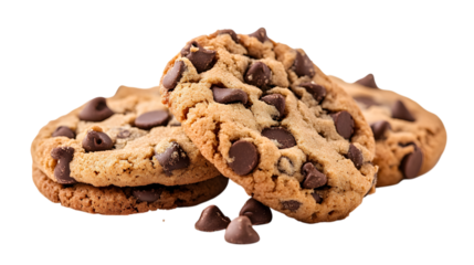 A plate of chocolate chip cookies with chocolate chips scattered around them