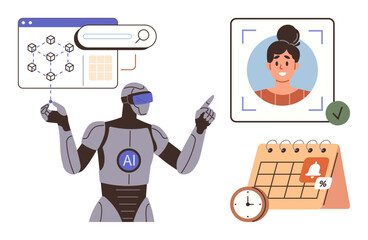 AI robot interacts with network diagram, confirms facial recognition with a profile, and manages a calendar with reminders. Ideal for technology, automation, scheduling, cybersecurity, machine