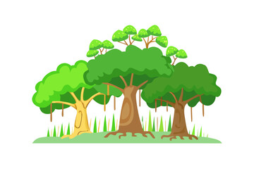 Cartoon banyan trees with aerial roots isolated on transparent background