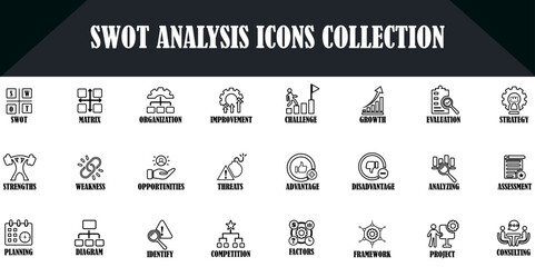 SWOT analysis icon set in outline style on white background. SWOT analysis icons collection for business strategy.  Useful swot icons for business