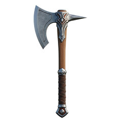 Ornate fantasy battle axe with a wooden handle