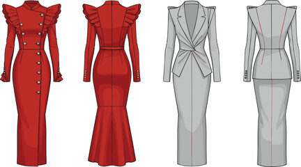 Two women's formal dresses technical fashion sketch with intricate details, a red high-neck ruffle dress and a gray tailored suit dress, perfect for sophisticated apparel design.