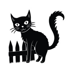 Whimsical black cat sitting by a wooden fence illustration