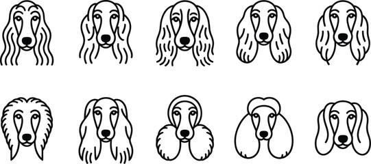 Collection of dog heads with long floppy ears in outline style