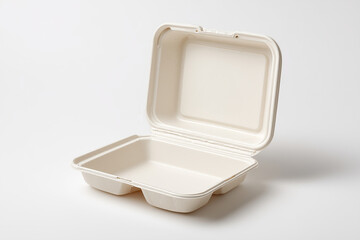 Compostable sugarcane clamshell container on a white background featuring a customizable logo space for eco-friendly packaging solutions
