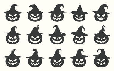 Eerie Ensemble Fifteen Halloween Pumpkin Silhouettes Featuring Spooky Witch Hats, Perfect for Festive Decorations and Designs