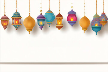 Beautifully crafted diya lanterns hanging elegantly on a white background, creating a festive atmosphere perfect for celebrations
