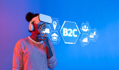 A woman uses a virtual reality headset, engaging with B2C elements in a vibrant digital space, showcasing the future of customer interaction through innovative technology. XDMCP