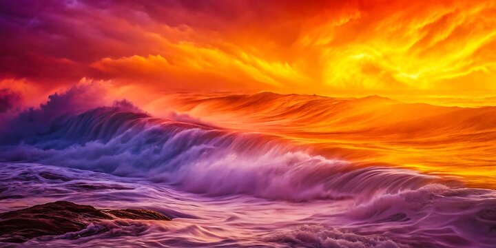 Stunning ocean sunset with crashing waves and vibrant colors painting the sky in shades of fiery orange