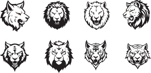 Wild Animal Head Logo Set – Lion, Tiger, and Wolf Vector Emblems in Black and White, Ideal for sports team logos, tattoo art, mascots, and branding. Fully editable EPS vector.