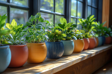 Bright and cozy photo with house plants on a windowsill illuminated by soft sunlight. 