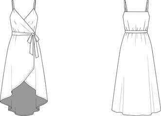 Fashion flat sketch of two women’s dresses with spaghetti straps, wrap and gathered waist styles, technical design template for clothing